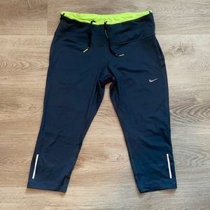 Nike Running Dark Blue Navy and Neon Green Reflective Capri Leggings Medium